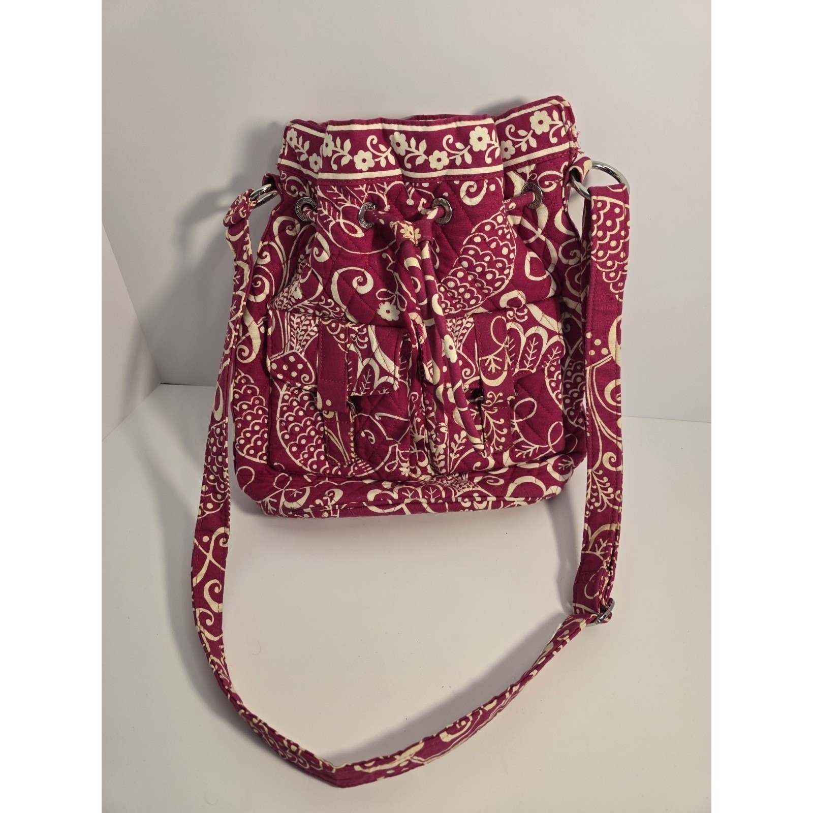 Vera Bradley Twirly Bird Quick Draw Crossbody Bag Pink White Bucket Shoulder Bag